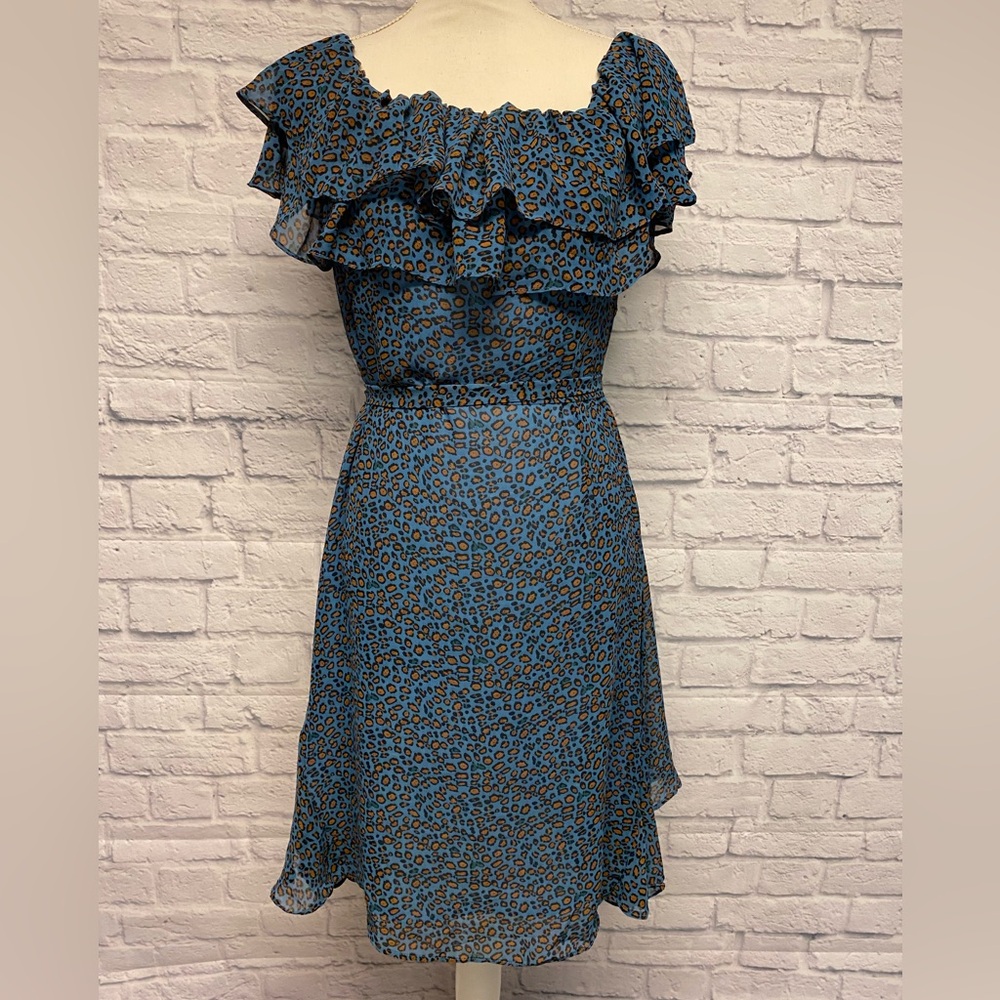 See the Shades Blue Leopard Print Ruffle Dress Size Large